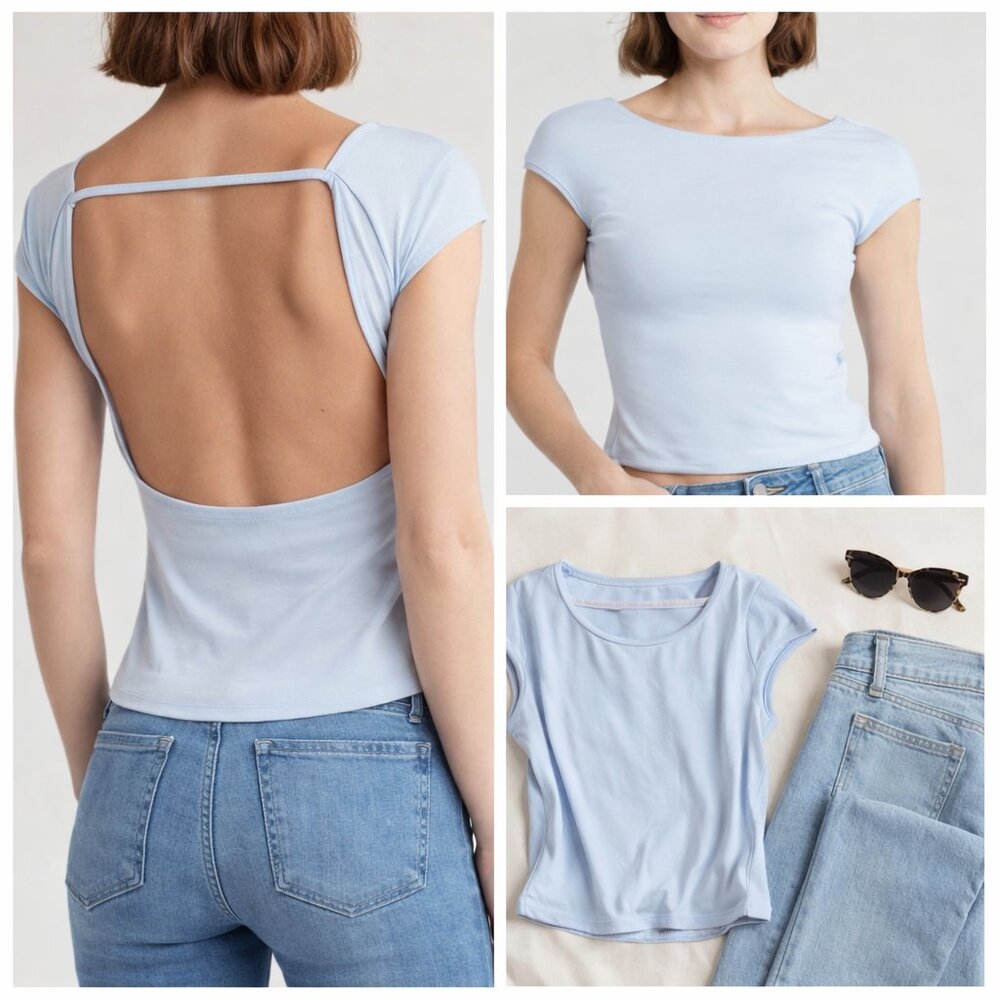 Open Back Baby Tee Baby Blue Top | Soft Girl Y2K Minimal Tee L NWT Low Back